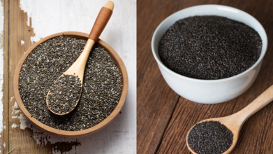 Chia Seeds and Sabja Seeds (L-R), Credits: Canva